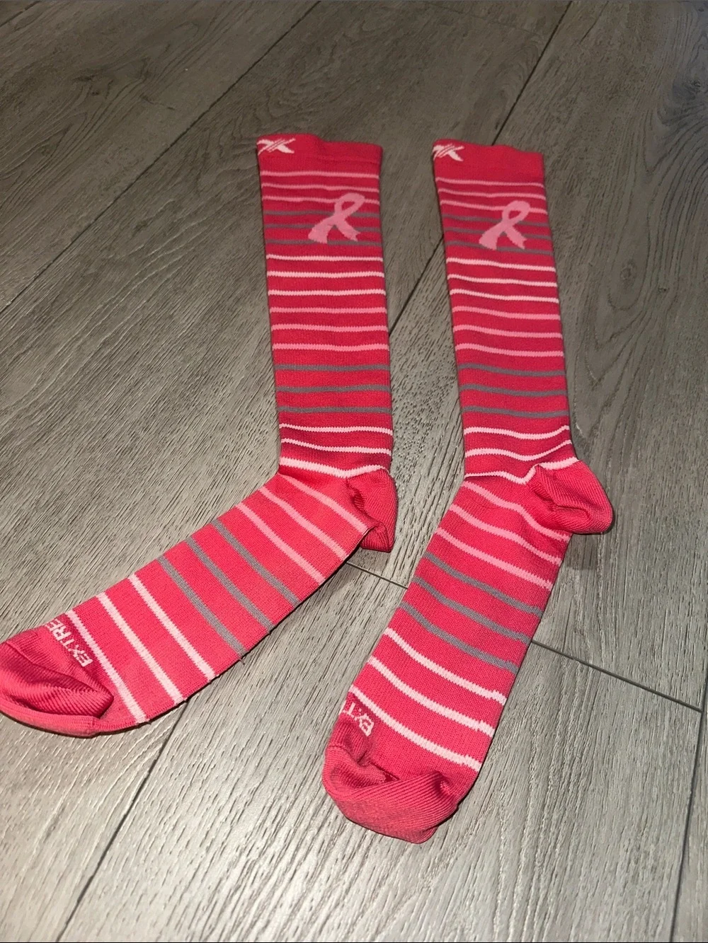 Pink Striped Compression Knee-High Socks with Breast Cancer Ribbon